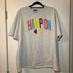 Champion Neon Retro Logo Graphic Tee Short Sleeve Grey T-Shirt Size XL